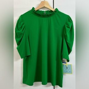 Women’s Short Puff Sleeve Ruffled Mock Neck Knit Top